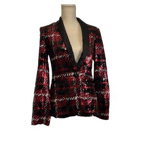L'AGENCE Black Red Polyester Plaid Sequined Jacket Size 4